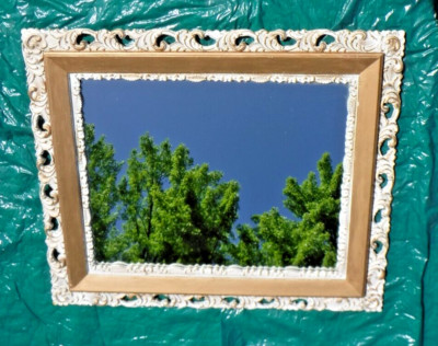 Vintage~Large Framed Mirror~Carved Wood~MCM~White~Gold~Ornately Detailed~27''x23''