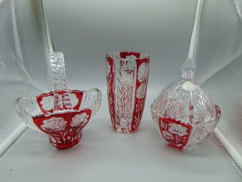 Made in Germany 4 Piece Set of Lead Crystal Items Vase, Covered Bowl, Basket