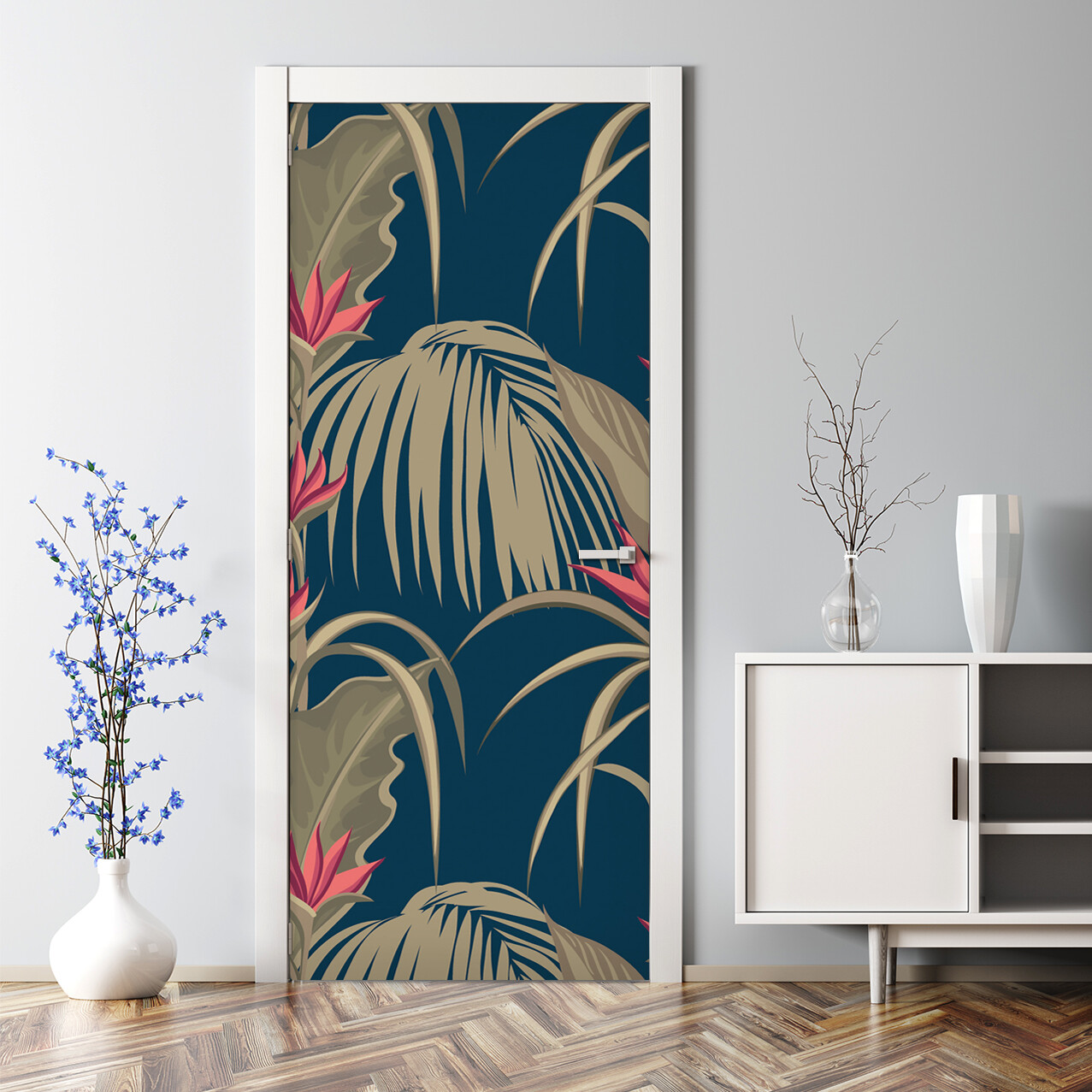 Leaves And Flowers Bubble Free Dark Tropical Painting Repositionable Door Decal