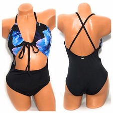 Victoria Secret Pink One Piece Black Blue Floral Open Back Swimsuit Size S