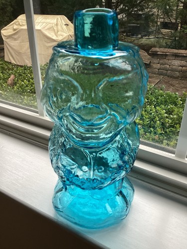 Vintage Blue Glass Indiana Tiara Mountaineer Jolly Old Man Whiskey Decanter - Picture 9 of 9