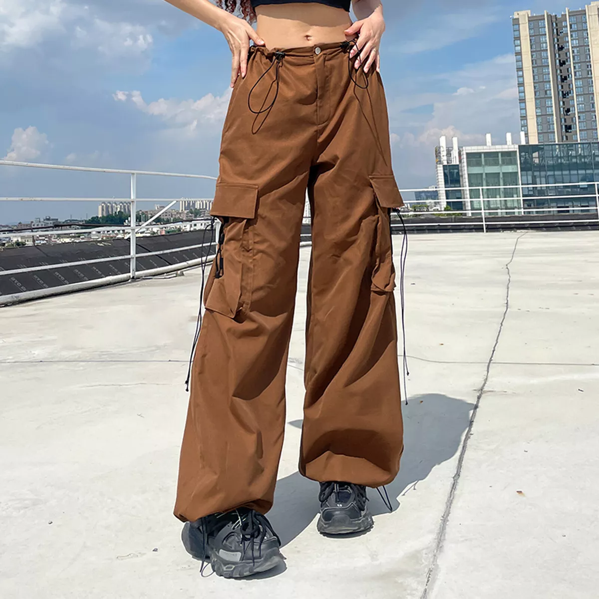 Women Punk Style Multi Pockets Cargo Pants Drawstring Straight Leg Trousers