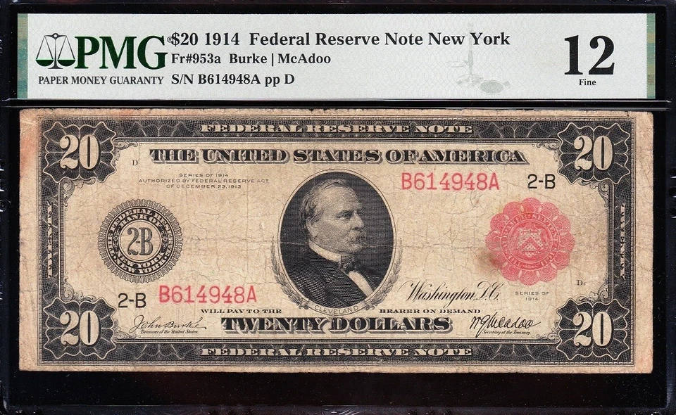 Nice *RARE* 1914 $20 New York "RED SEAL" FRN Note! PMG 12! FREE SHIP! B614948A - Image 2 of 3