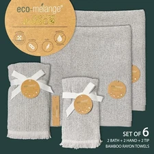 6PC New eco-melange Bamboo Rayon 2 Bath 2 Hand 2 Tip Towels Lt Gray Rib Fringe