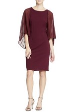 HALSTON Heritage Aubergine Chiffon Pleated Angel Sleeve Sheath Stretch Dress 14