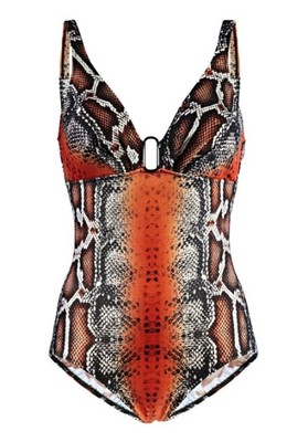 Diva Badeanzug Gr.34-42 Cup-B,D Damen Einteiler Schwarz Orange Animal Stretch