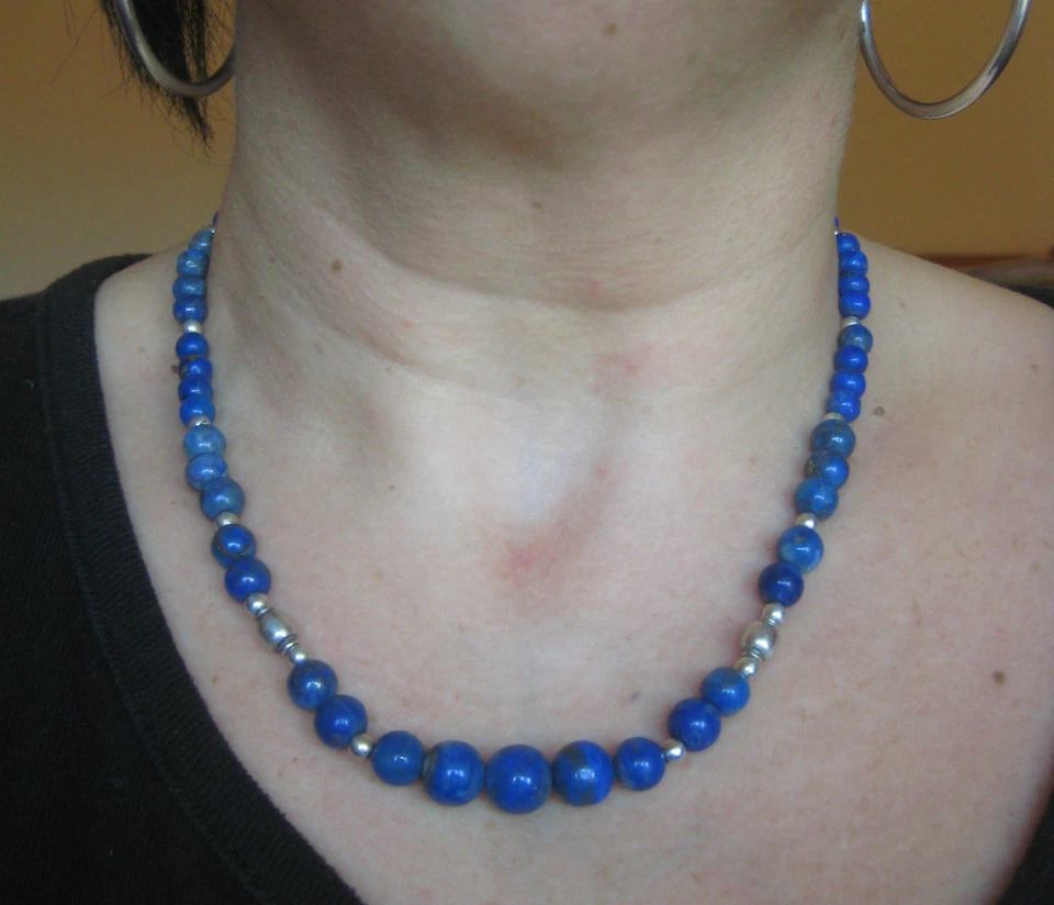 Collier en chute de perles de lapis lazuli et de perles en argent poinçonné 925 - Photo 1/1