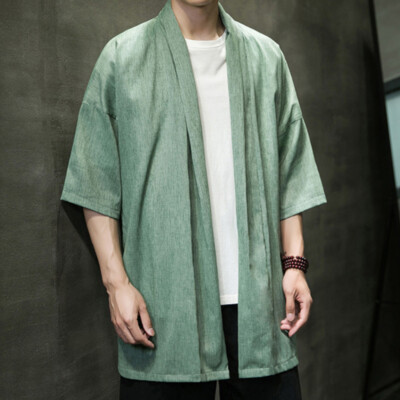 Herren Locker Kimono Mantel Leinen Lang Bademantel Open Front Strickjacke  Yukata