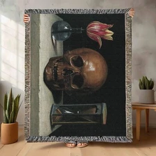 Champaigne Skull Cotton Woven Blanket Rococo Made USA Vanitas Baroque Gift Art