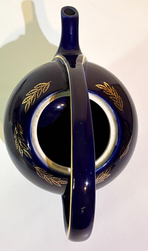 1940s HALL CHINA 6 Cup AIRFLOW TEAPOT #0443 Cobalt Blue Gold Leaf Flower TEA POT - Picture 7 of 13