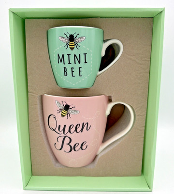 NIB Cypress Home Set Of 2 Queen Bee & Mini Bee Ceramic Mug Tea Cups