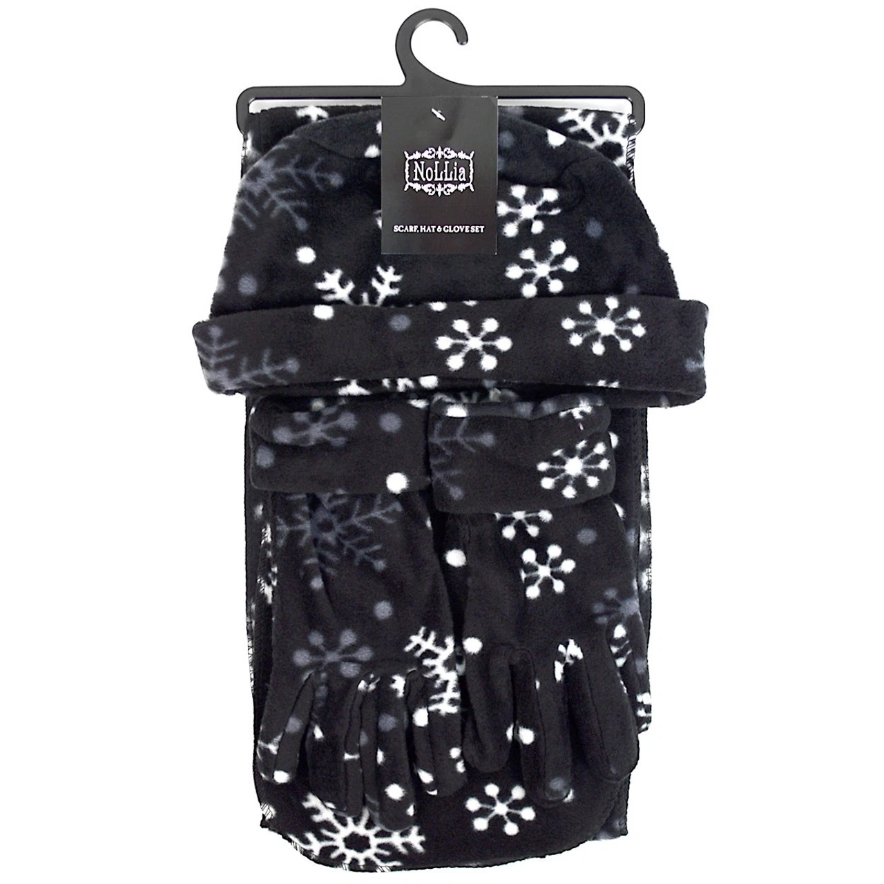 Women's Fleece Snow Flakes Black Winter 3 PC Gloves Scarf & Hat Set