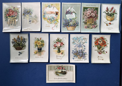 RARE SET 12 Birthday Antique Postcards. EMB, Strong Gold. Flowers, Scenes,Bright