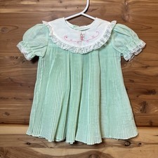 VTG Baby Girl Pleated Party Fancy Dress Lace Trim Embroidery Mint Green Handmade