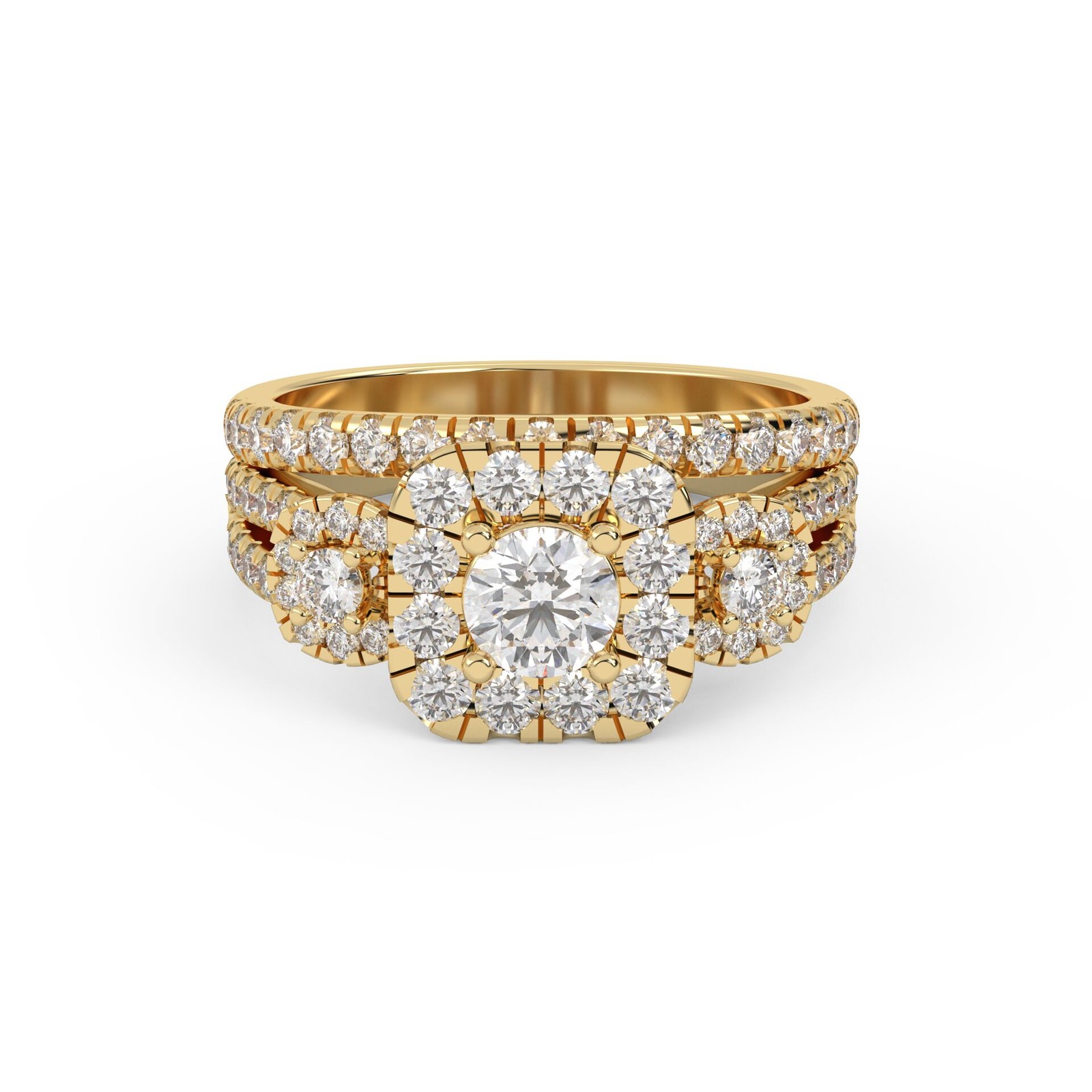 1.60 Ct Lab Grown Diamond 3 Stone Halo Solitaire Bridal Ring Set 14K Or 18K Gold