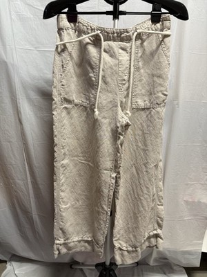 Calypso St Barth Womens L Linen Lyocell Wide Leg Cropped Pants Drawstring Beige