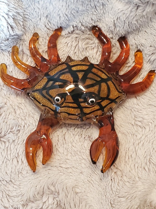 Murano Style Art Glass Crab Figurine Amber Brown Black Sea Life Coastal Decor