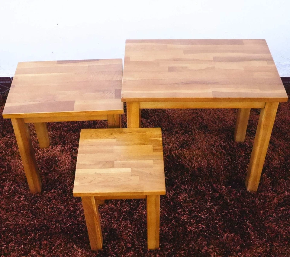 Nest of 3 Rustic Oak Wood Side End Tables Coffee Lamp Set Rectangular Easy Assem - Image 2 of 4