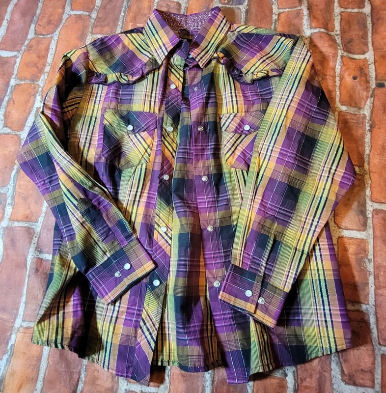 Cowgirl Hardware Girls' XL Purple Yellow Plaid Western Pearl Snap Shirt 14 16