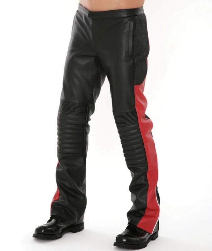 Handmade Men Black & Red Motorcycle Biker Leather Pant With Quilted Pant MLP28a