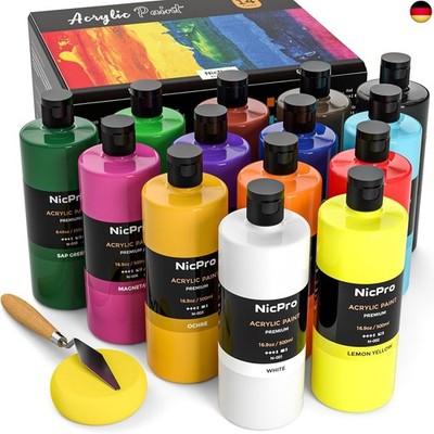 Nicpro Acrylfarben Set 14 x 500 ml, Große Flasche Acrylfarbe in 14 Farben, 