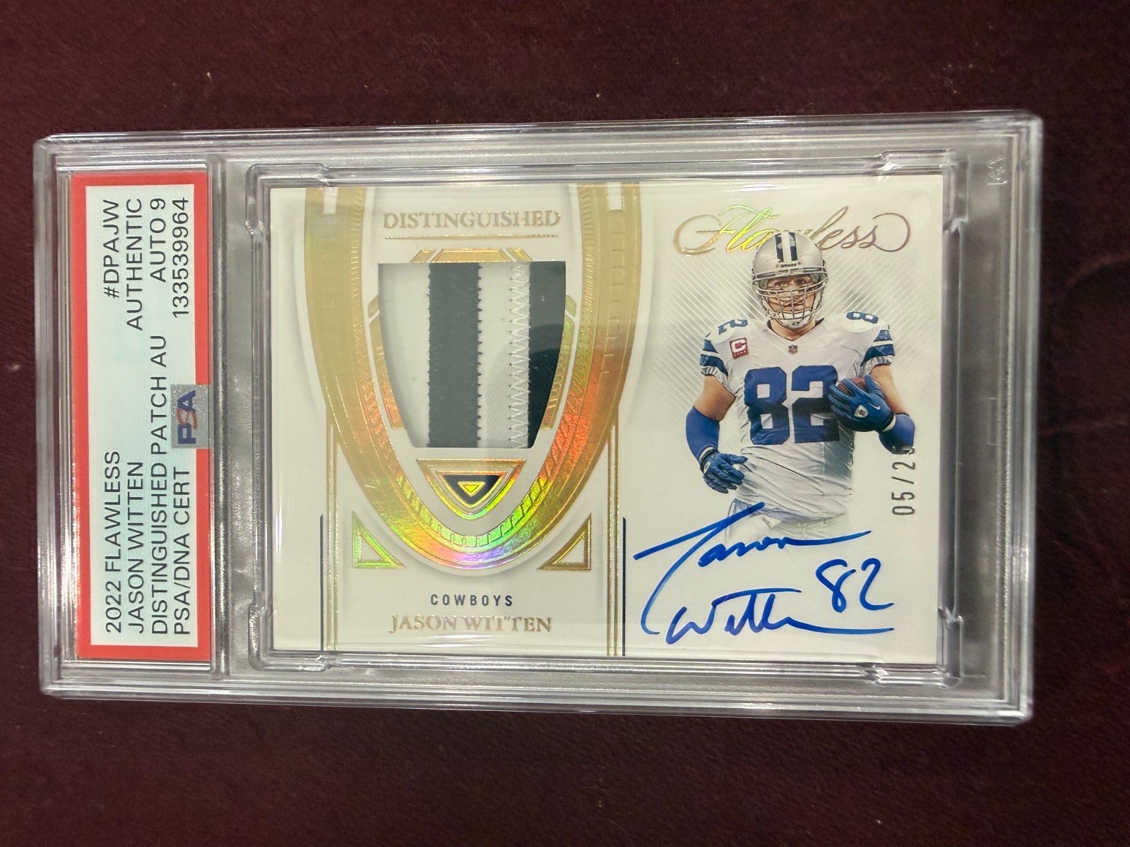 Jason Witten 2022 Flawless Gold Patch Auto On Card 5/25 PSA 9 Auto Grade view 1