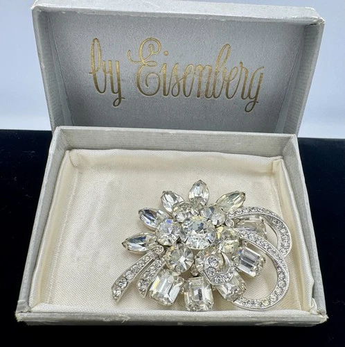 Vintage Eisenberg Ice Silver Tone Brooch with Clear Rhinestones And Original Box