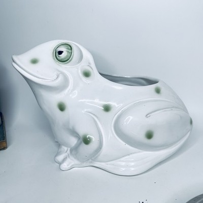 Riesen Vintage Frosch Übertopf Keramik weiß mit grünen Punkten Italy 30x20x19cm GROß