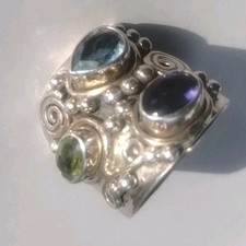 925 Sterling Silver Real blue Topaz Amethyst  Peridot Ring Size 7