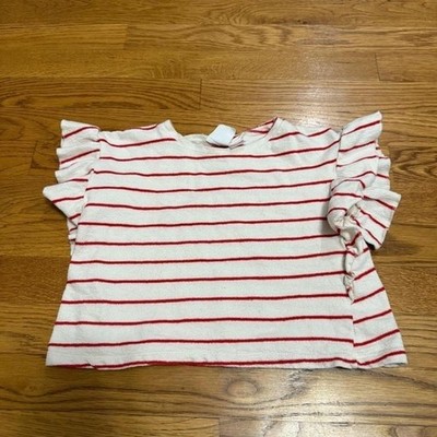 Zara Girls Top Size 3-4 Years Red Striped Ruffle Sleeve Short Sleeve Shirt