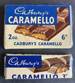 CADBURYS CARAMELLO 6d & 3d CHOCOLATE DUMMY BARS X2 1950s