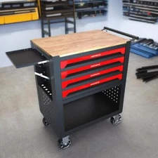 35"H Tool Box w/Wheels 4 Drawers Rolling Tool Cart, Wooden Top Workbench Storage