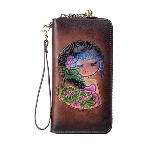 Mujeres Cuero Genuino de Vaca Cartera Larga Cartera Bolso sin asas Tarjetas en relieve - Imagen 6 de 9