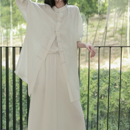 Lady Chinese Kung Fu Shirt Midi Thin Hanfu Top Retro Side Slit Frog Button Loose - Picture 4 of 12