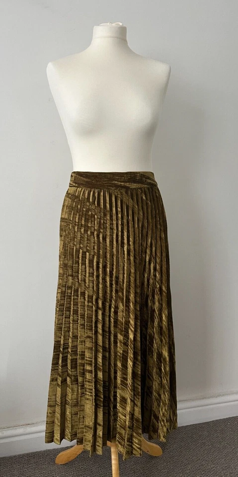 Anthropologie Olive Green Gold Velvet Pleated Midi Skirt UK 14 UK 16 US 12 FR 44 - Image 2 of 4