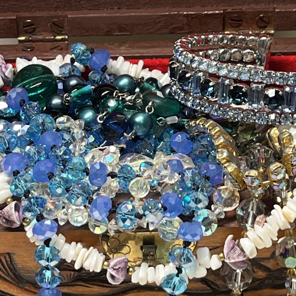 Vintage costume jewellery bundle in carved box, crystal, glass beads eBay