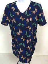 ScrubStar Womens Scrub Top Size S Navy Blue with Butterflies Pockets V neck