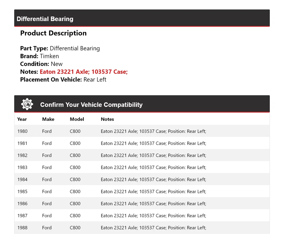 Cojinete diferencial trasero izquierdo para Ford C800 1980-1988 Timken 1981 1982 1983 Foto 2 de 4