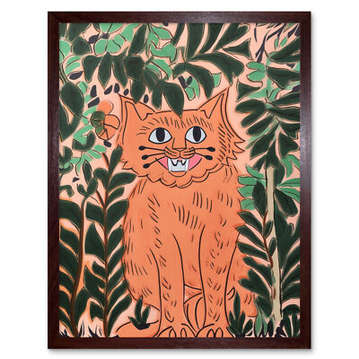 Gerahmter Wandkunstdruck Ginger Orange Tabby Katze in Pflanzen moderne Volkskunst 9 x 7 Zoll