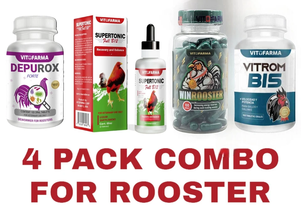 VITOFARMA COMBO 4×1 PARA GALLOS/ROOSTERS (DEPUROX, SUPERTONIC, B 15, WINROOSTER)