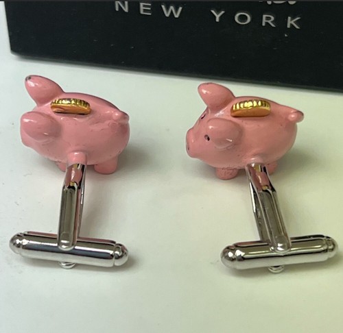 NICOLE MILLER NEW YORK PINK ENAMELED PIGGY BANK CUFFLINKS NWT - Picture 6 of 9