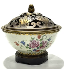 Antique French Brass Lid & Base Stoneware Floral Painted Pot pourri Compote 6"x6