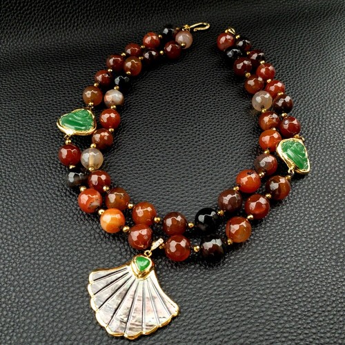 18" 2 Rows Magic Agate Green Jade Buddha Black Shell Pendant Necklace - Picture 2 of 7