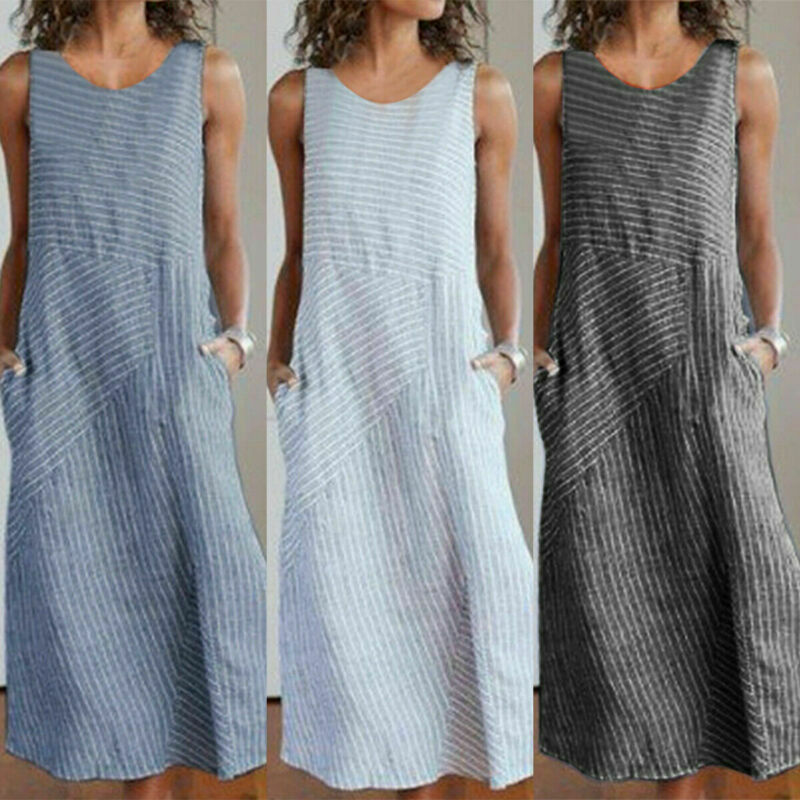 UK Womens Striped Summer Cotton Linen Long Dress Ladies Kaftan Casual Maxi Dress