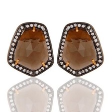 18K Gold Plated 925 Sterling Silver Smoky Quartz Gemstone Jewelry Stud Earrings