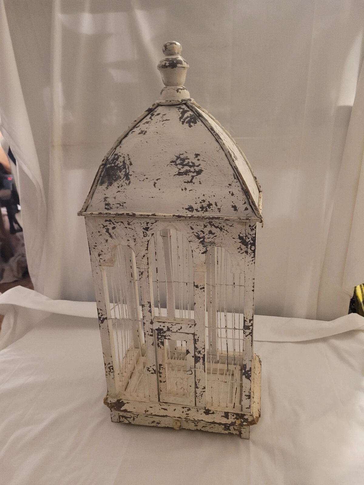 Vintage white distressed wood & metal bird cage 26" tall