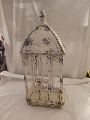 Vintage white distressed wood & metal bird cage 26'' tall