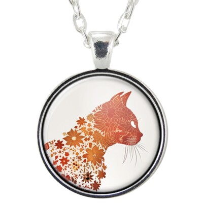 Orange Flower Cat Pendant Necklace, Handmade Jewelry, Floral Feline Gifts
