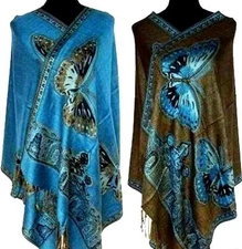 Beautiful BUTTERFLY Double Side Pashmina Scarf Wrap Shawl Silk Cashmere L/ BLUE