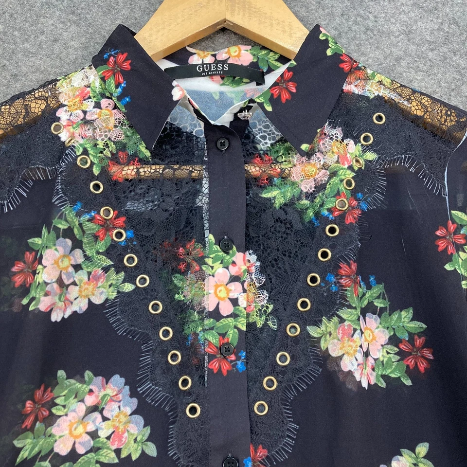 Guess женщин Топ размер XS черный чистый цветочный длинным рукавом с воротником 12929 - Изображение 4 из 4